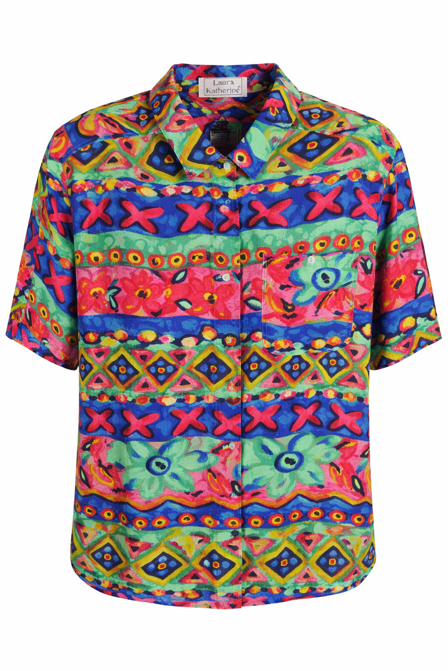 Laura Katherine Vintage 90s Bright Abstract Rayon Shirt Travel Fun L